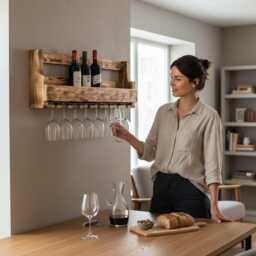 Wooden Wine Rack For The Wall - With Glass Holder Flamed Ready Assembled Shelf Bottles & Glasses - thumbnail 3