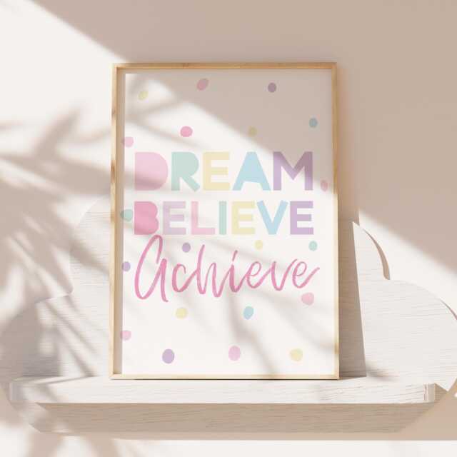 Girls Bedroom Prints, Nursery Dream Big, Motivational Wall Art, Pastel Colours, Bedroom, Rainbow Prints