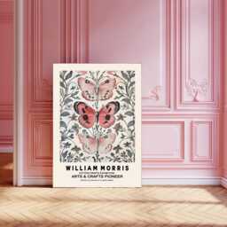 William Morris Butterfly Art Print, Flowers, Flower Botanical Wall Decor, Pink Print - thumbnail 1