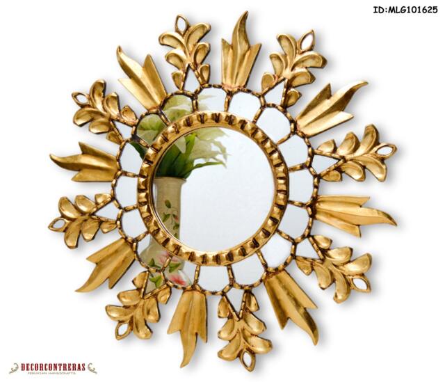 Boho Sunburst Mirror Wall Decor - Hand-Carved Round Peruvian Painted Glass & Bronze Leaf Home Accent For Living Room, Bedroom - image 1
