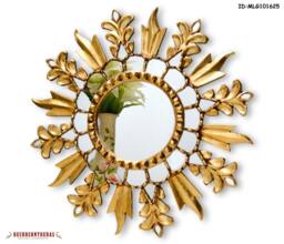 Boho Sunburst Mirror Wall Decor - Hand-Carved Round Peruvian Painted Glass & Bronze Leaf Home Accent For Living Room, Bedroom