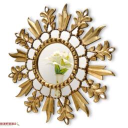 Boho Sunburst Mirror Wall Decor - Hand-Carved Round Peruvian Painted Glass & Bronze Leaf Home Accent For Living Room, Bedroom - thumbnail 2