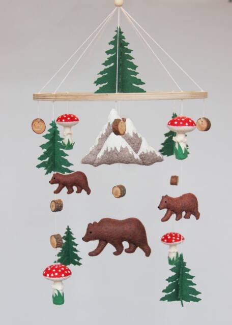 Baby Mobile Woodland - Mobile Baby With Bears , Mushrooms & Mountain Nursery Neutral Crib Forest Hanging Brown - image 1