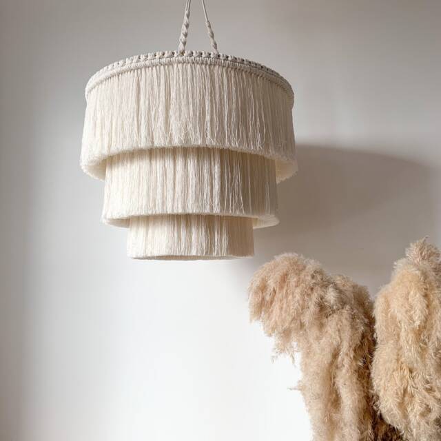 Boho Fringe Chandelier, Cotton Pendant Light, Light Fixture, Tassel Lamp Shade, Nursery Lighting - image 1