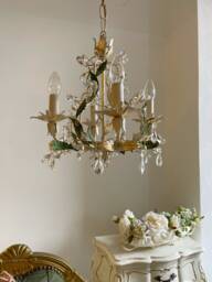 Made in Italy Ivory & Gold Leaf With Green Leaves Hand Forged Wrought Iron Chandeliers, 3 Lights Asfour Crystals