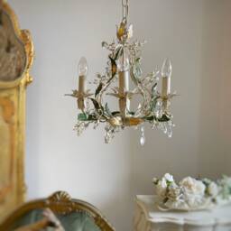 Made in Italy Ivory & Gold Leaf With Green Leaves Hand Forged Wrought Iron Chandeliers, 3 Lights Asfour Crystals - thumbnail 3
