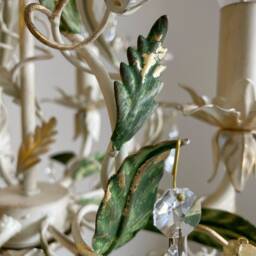 Made in Italy Ivory & Gold Leaf With Green Leaves Hand Forged Wrought Iron Chandeliers, 3 Lights Asfour Crystals - thumbnail 4