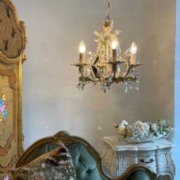 Made in Italy Ivory & Gold Leaf With Green Leaves Hand Forged Wrought Iron Chandeliers, 3 Lights Asfour Crystals - thumbnail 2