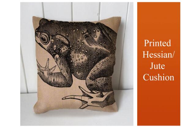 Frog Toad Animal Vintage - Cushion Fabric Panel Or Case Or With Filling Rustic Natural Jute Burlap Hessian