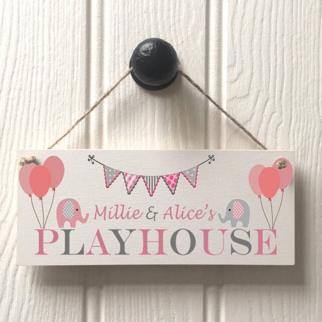 Personalised Playhouse Sign/Kids Playhouse Sign/ Spiel Haus/ Playroom Signs//Elephants, Pink Grey Sign - image 1