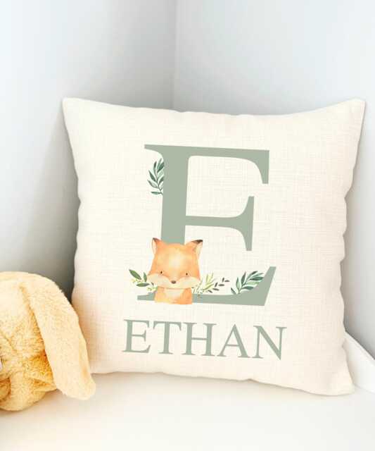 Woodland Fox Name Cushion, Nursery Decor, Sage Green Accessories, Cushion Cover, Decor Personalised Cover - image 1
