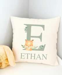 Woodland Fox Name Cushion, Nursery Decor, Sage Green Accessories, Cushion Cover, Decor Personalised Cover - thumbnail 1