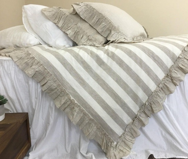 Linen Striped Duvet Cover Features Vintage Ruffles, Create Your Style - image 1