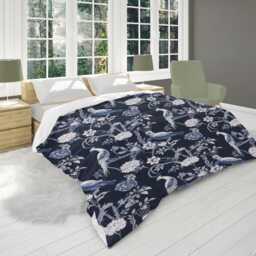 Dark Navy Blue Chinoiserie Comforter, Birds Animal Print Eclectic Bedding, Oriental Moody Bedding For Elegant Bedroom Decor #103 - thumbnail 2
