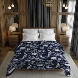 Dark Navy Blue Chinoiserie Comforter, Birds Animal Print Eclectic Bedding, Oriental Moody Bedding For Elegant Bedroom Decor #103