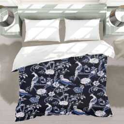 Dark Navy Blue Chinoiserie Comforter, Birds Animal Print Eclectic Bedding, Oriental Moody Bedding For Elegant Bedroom Decor #103 - thumbnail 3