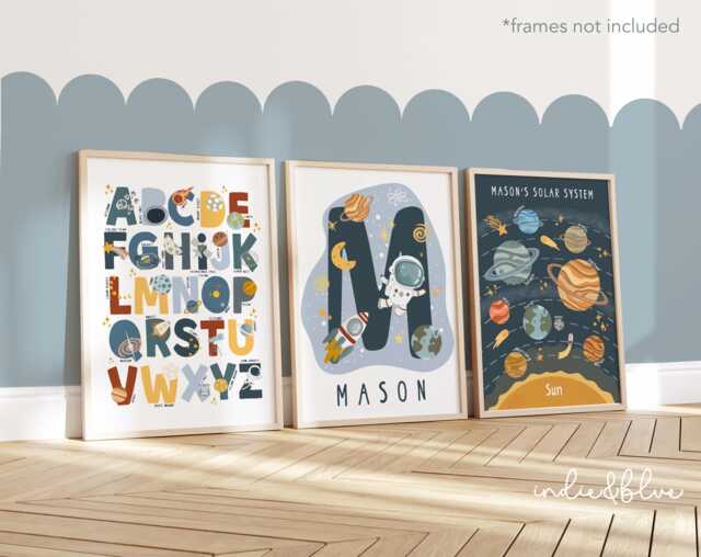 Personalised Space Print Set Of 3 in Bright Colours, Astronaut Prints, Solar Sytem Nursery, Playroom Prints - image 1