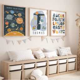 Personalised Space Print Set Of 3 in Bright Colours, Astronaut Prints, Solar Sytem Nursery, Playroom Prints - thumbnail 2