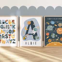 Personalised Space Print Set Of 3 in Bright Colours, Astronaut Prints, Solar Sytem Nursery, Playroom Prints - thumbnail 3