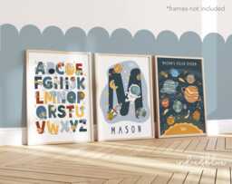 Personalised Space Print Set Of 3 in Bright Colours, Astronaut Prints, Solar Sytem Nursery, Playroom Prints - thumbnail 1
