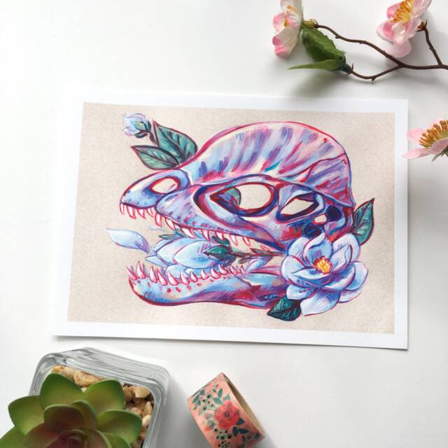 Dilophosaurus Skull With Magnolia Flowers Print // Colorful Dinosaur Fossil Wall Art - image 1