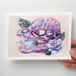 Dilophosaurus Skull With Magnolia Flowers Print // Colorful Dinosaur Fossil Wall Art - thumbnail 2