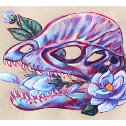 Dilophosaurus Skull With Magnolia Flowers Print // Colorful Dinosaur Fossil Wall Art - thumbnail 3