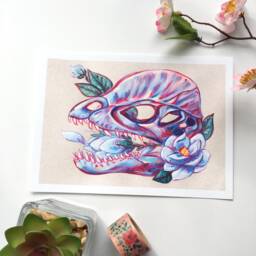 Dilophosaurus Skull With Magnolia Flowers Print // Colorful Dinosaur Fossil Wall Art - thumbnail 1