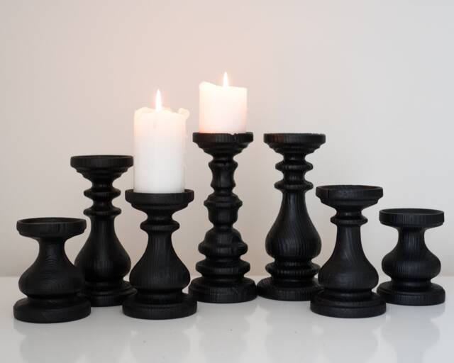 Beautiful Black Candle Holders Set Of 7 Candlesticks Seven Wooden Pillars Turned Wood Black Home Design Magic Cool Decor Farmhouse - image 1