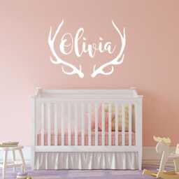 Personalized Antlers Name Wall Decal, Choose Font & Color, Gold Decals, Stickers For Girls, Boys, Nursery Dorm Room C354 - thumbnail 1