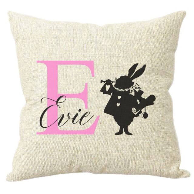Personalised Girls Alice in Wonderland Cushion Pillow Hessian Style Birthday Present Custom White Rabbit Gift