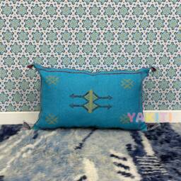 Yakiti-Blue Square Moroccan Pillows, Aka Cactus Silk Pillow, Decorative Pillows, Sabra Pillows, Moroccan Decor Designer Cactus - thumbnail 2