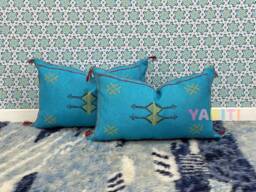 Yakiti-Blue Square Moroccan Pillows, Aka Cactus Silk Pillow, Decorative Pillows, Sabra Pillows, Moroccan Decor Designer Cactus