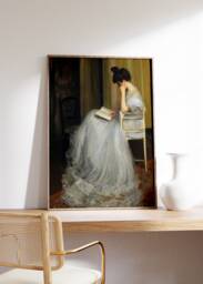 Woman Reading Antique Portrait Print, Elegant Lady in White, Victorian Hobby Canvas, Bedroom Wall Decor, Painting Art Reproduction, Digital - thumbnail 1