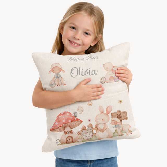 Personalised Easter Bunny Cushion With Pocket, Custom Name Kids Gift Uk, Pillow, Baby First Easter, Nursery 40x40 - image 1