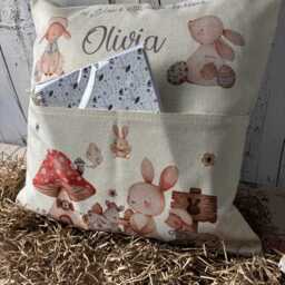 Personalised Easter Bunny Cushion With Pocket, Custom Name Kids Gift Uk, Pillow, Baby First Easter, Nursery 40x40 - thumbnail 3