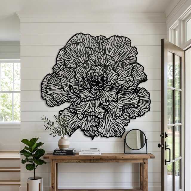 Large Peony Black Metal Flower Wall Art, Floral Botanical Sculpture, Boho Decor - image 1
