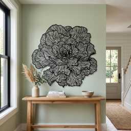 Large Peony Black Metal Flower Wall Art, Floral Botanical Sculpture, Boho Decor - thumbnail 2