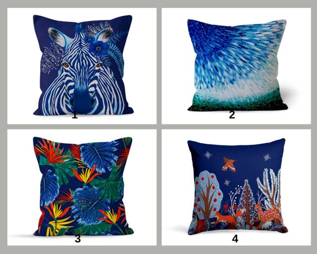Zebra Cushion Cover, Navy Blue Modern Pillow Case, Colourful Living Room Decoration, Floral Home Decor, Bedroom Throw Top - image 1