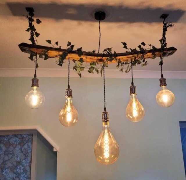 Rustic Ceiling Light Fixture Handmade From Oak Whiskey/Wine Barrel Stave With 3 Vintage Pendant Edison Bulb Holders, Salvaged Plates On End - image 1