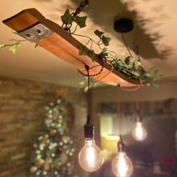 Rustic Ceiling Light Fixture Handmade From Oak Whiskey/Wine Barrel Stave With 3 Vintage Pendant Edison Bulb Holders, Salvaged Plates On End - thumbnail 3