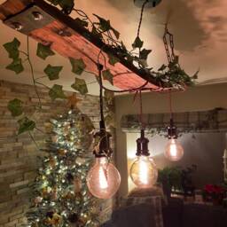 Rustic Ceiling Light Fixture Handmade From Oak Whiskey/Wine Barrel Stave With 3 Vintage Pendant Edison Bulb Holders, Salvaged Plates On End - thumbnail 2