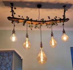 Rustic Ceiling Light Fixture Handmade From Oak Whiskey/Wine Barrel Stave With 3 Vintage Pendant Edison Bulb Holders, Salvaged Plates On End - thumbnail 1