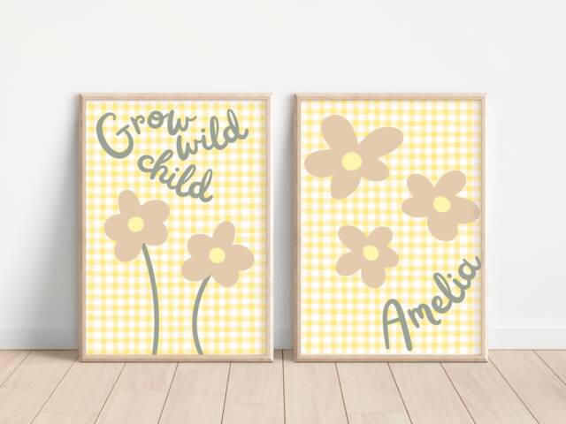 Set Of 2 Personalised Gingham Flower Prints For Girls Bedroom, Nursery Or Playroom - image 1