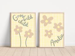 Set Of 2 Personalised Gingham Flower Prints For Girls Bedroom, Nursery Or Playroom - thumbnail 1