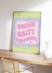 Think Happy Thoughts Print - Colourful Pastel, Groovy, Retro, Y2K Poster, Typography, Positive Affirmation, Gradient Blur, Quote, On Trend - thumbnail 1