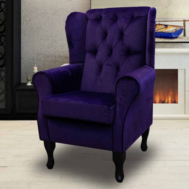 Handmade Purple Velvet Wingback Chair Buttoned Fireside Accent Chair - image 1