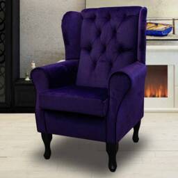 Handmade Purple Velvet Wingback Chair Buttoned Fireside Accent Chair