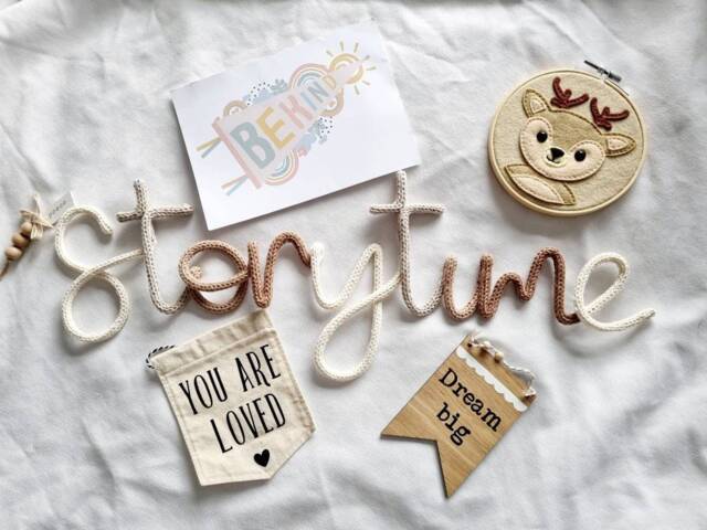 Storytime Multi Coloured Knitted Wire Sign - Reading Corner Wall Hanging- Nook Story L - image 1