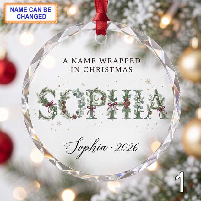 Christmas Glass Ornament, Custom Holiday Name Keepsake With Greenery Lettering, Red Bow & Pine Branches, Personalized Winter Gift - image 1